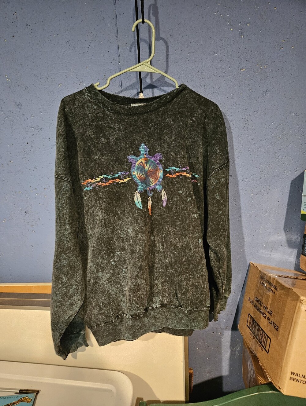 Hanes  Sweatshirt Green Acid Stone Washed Southwestern Aztec Sz L 90s Vintage